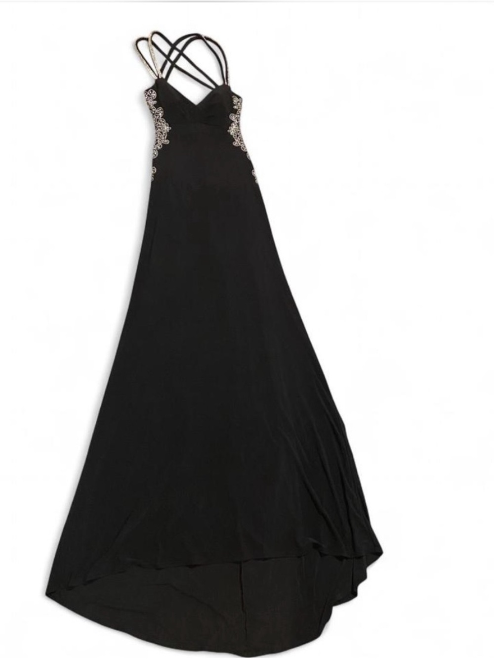 Betsy & Adam Black High-Low Evening Gown with Side Embellishments